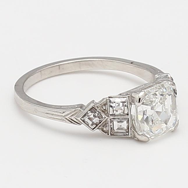 2.20 Carat Asscher Cut and Emerald Cut Diamond Platinum Art Deco Ring