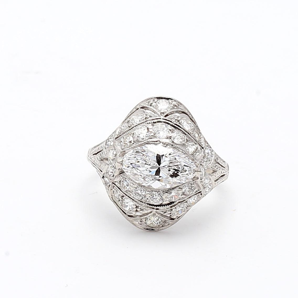 2.25 Carat Marquis Shape and Round Brilliant Diamond Platinum Art Deco Ring