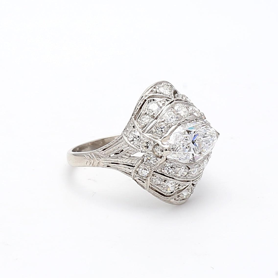 2.25 Carat Marquis Shape and Round Brilliant Diamond Platinum Art Deco Ring