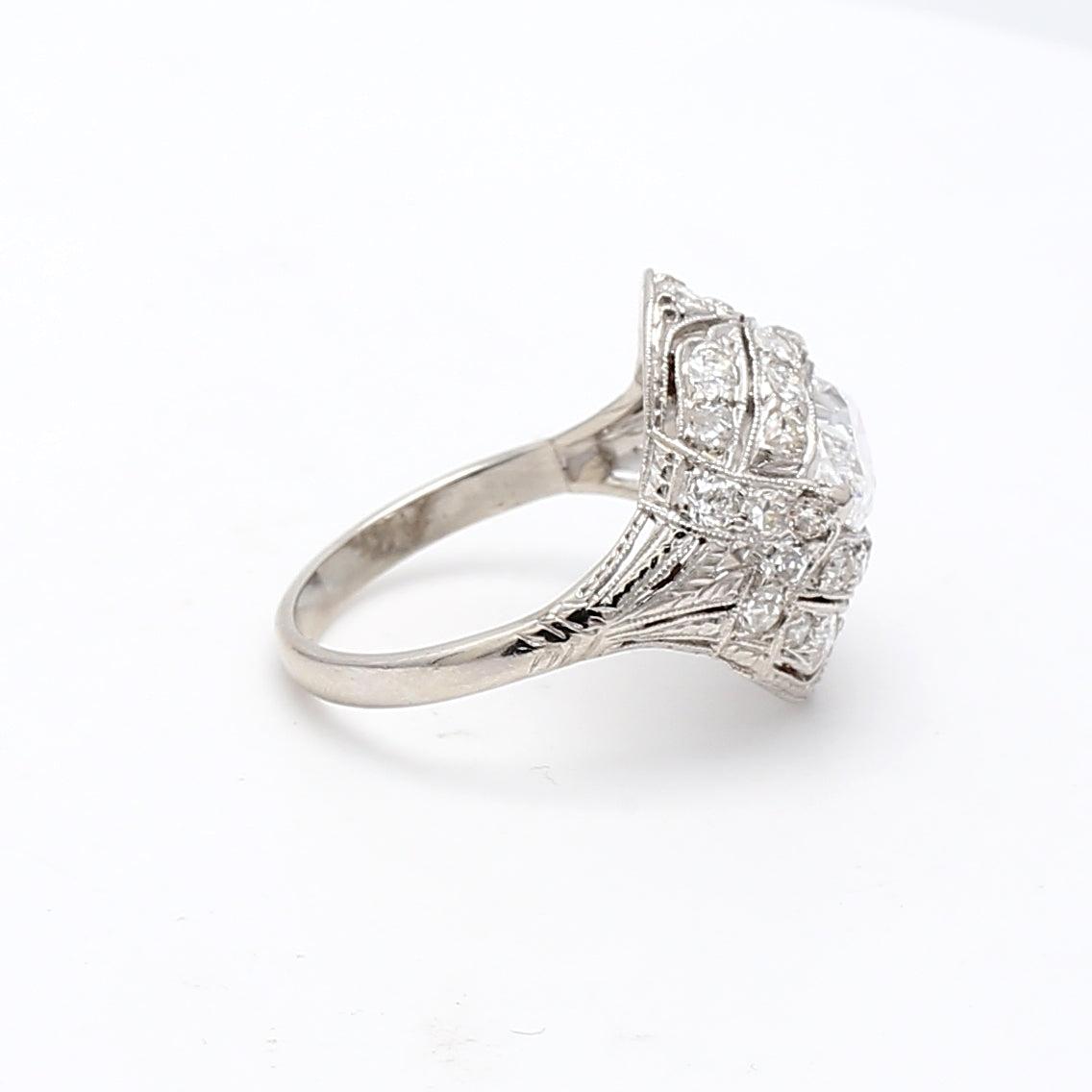 2.25 Carat Marquis Shape and Round Brilliant Diamond Platinum Art Deco Ring