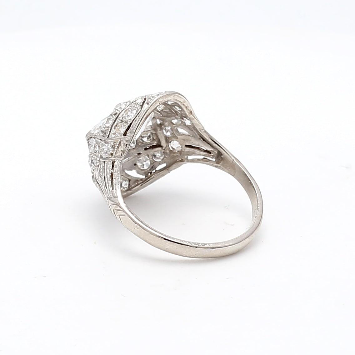 2.25 Carat Marquis Shape and Round Brilliant Diamond Platinum Art Deco Ring