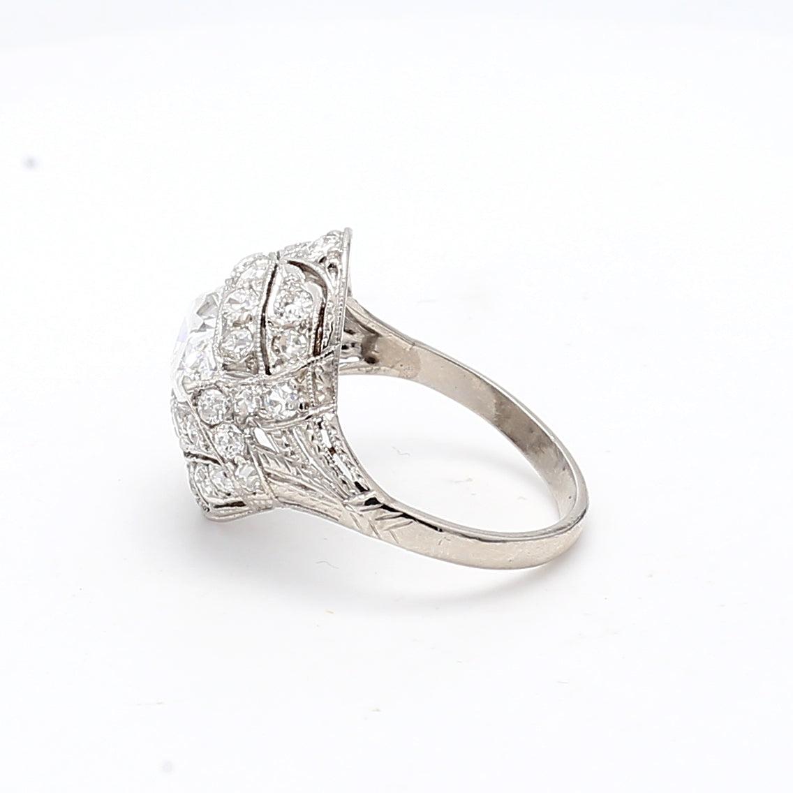 2.25 Carat Marquis Shape and Round Brilliant Diamond Platinum Art Deco Ring