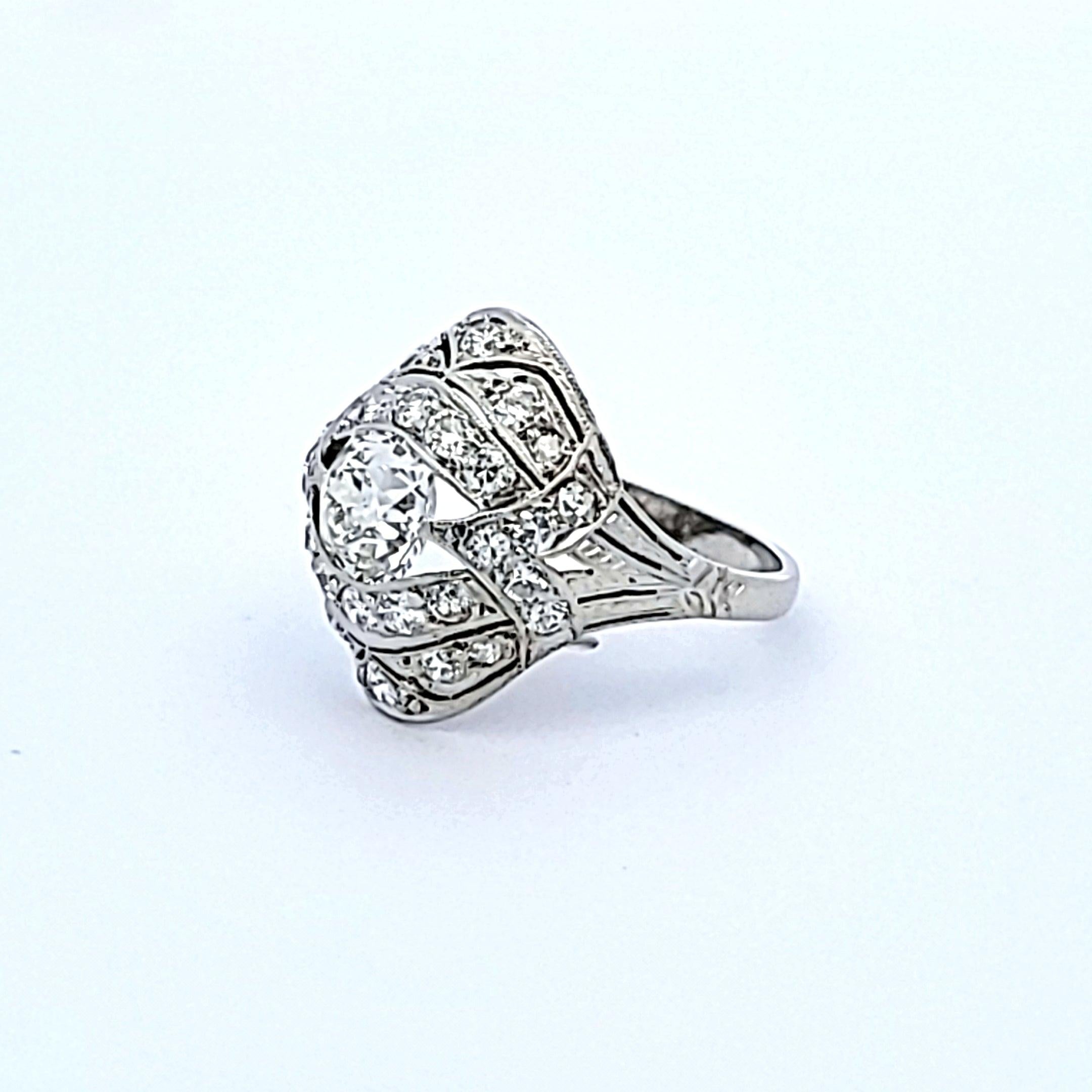2.25 Carat Marquis Shape and Round Brilliant Diamond Platinum Art Deco Ring
