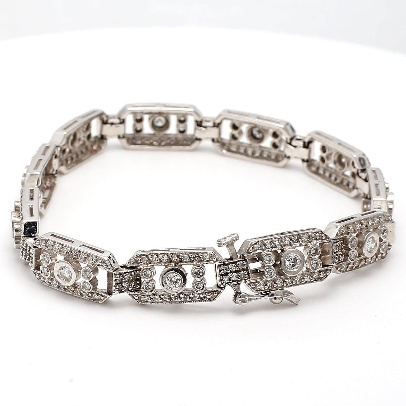 2.31 Carat Round Brilliant I SI1 Diamond 14 Karat White Gold Art-Deco Bracelet