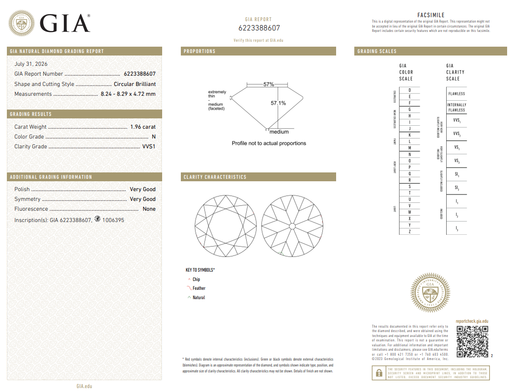 1.96 Carat Round Brilliant Diamond Natural N-VVS1 with GIA Certificate