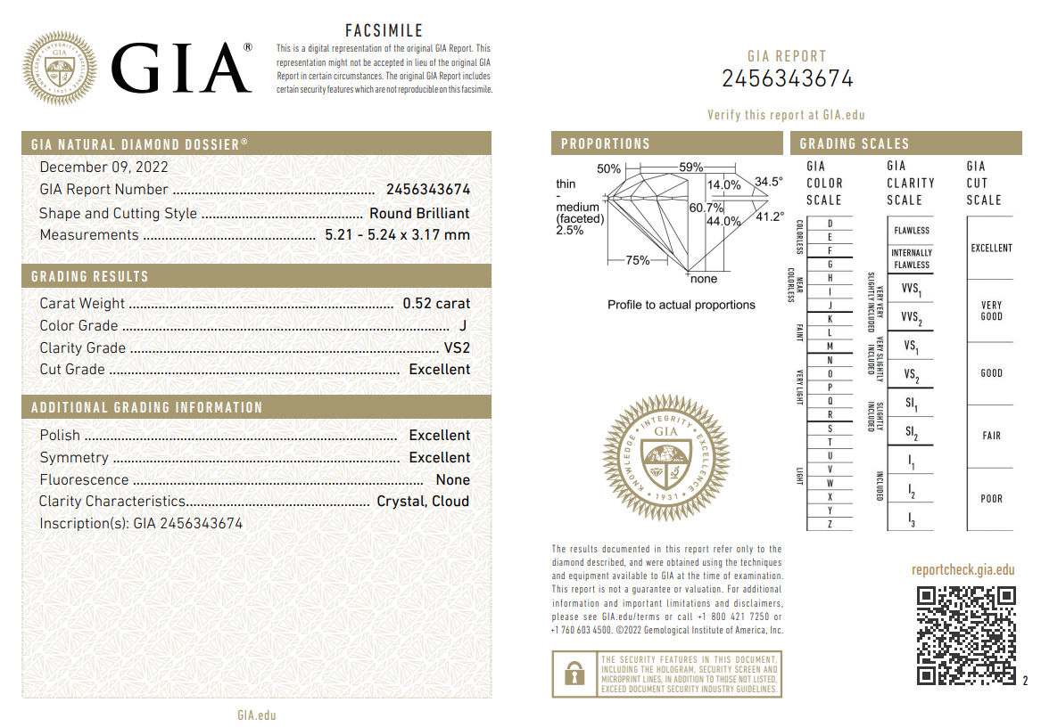 0.52 Ct Round Brilliant Diamond Natural J-VS2 with GIA Certificate