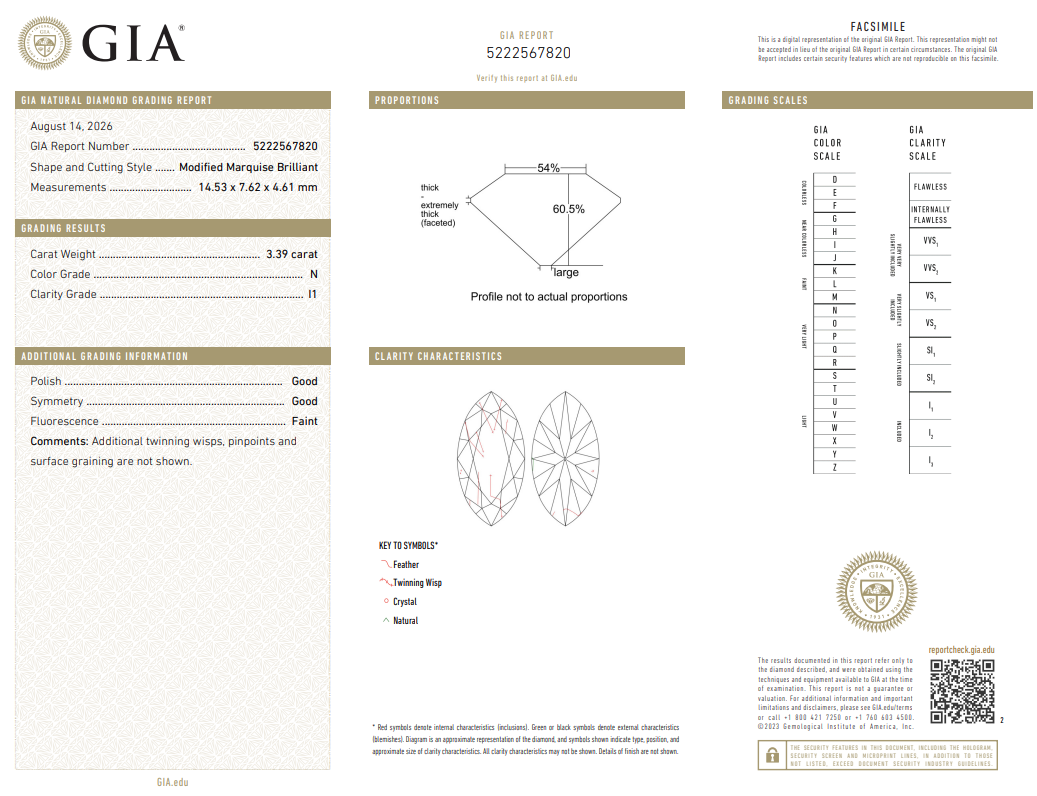 GIA Certified 3.39 Carat Marquis Shape Diamond Heirloom N-I1 Loose