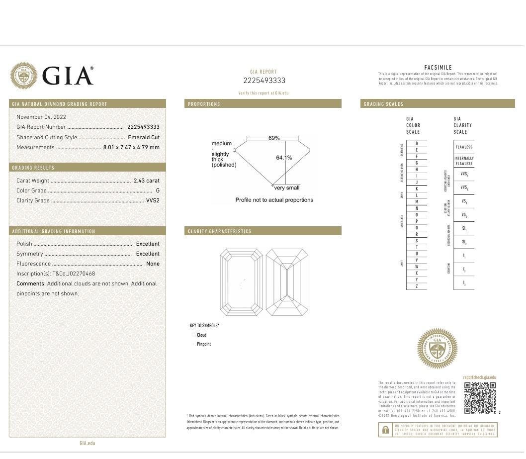 Tiffany & Co Platinum Engagement Ring with 2.43 Ct Emerald G-VVS2 GIA Diamonds