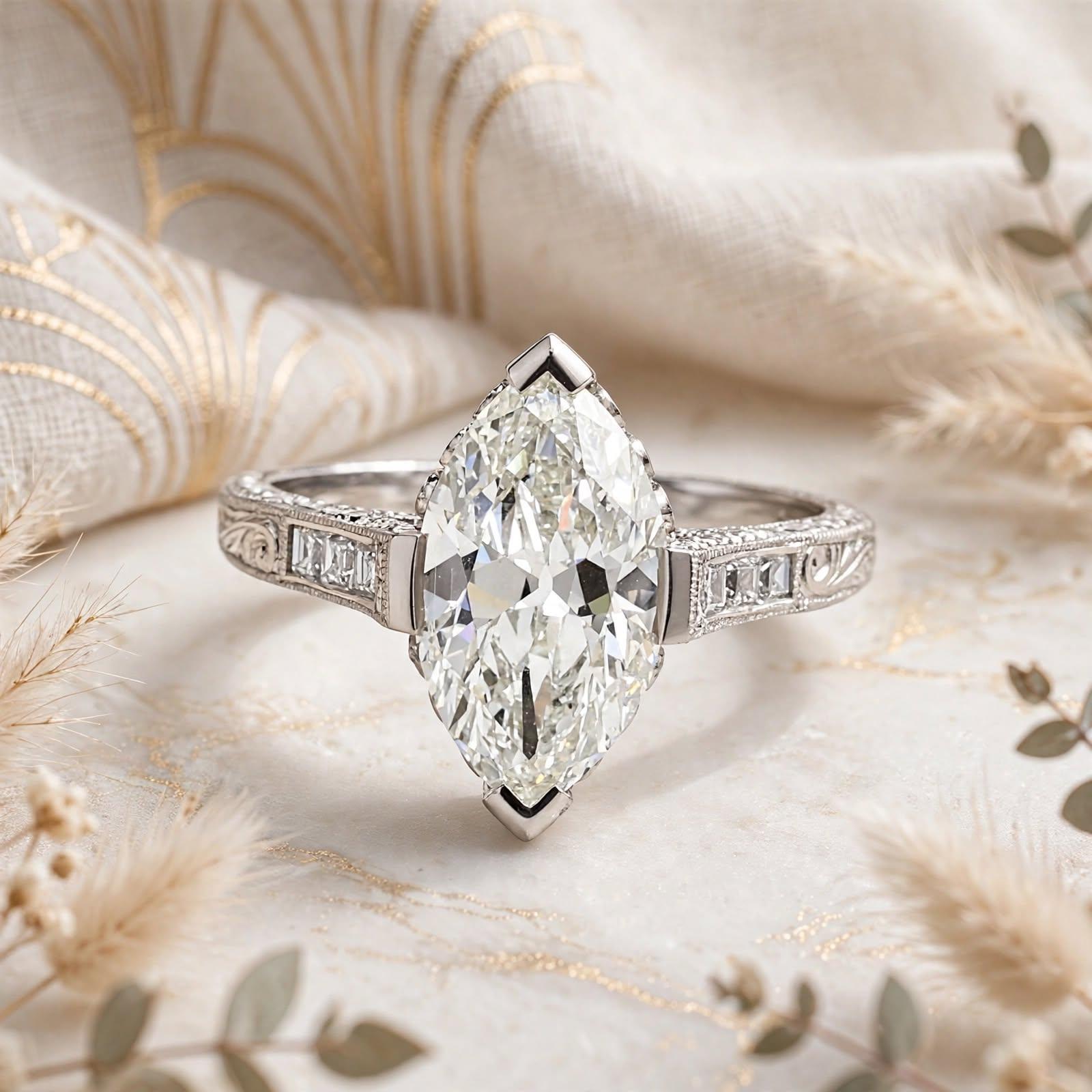 Platinum Engagement Ring with 3.11ct Antique Marquis & Asscher Diamonds GIA
