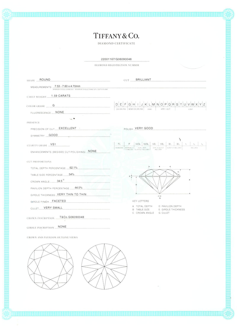 Tiffany & Co 1.59 Carat Round Brilliant G VS1 Diamond Platinum Engagement Ring