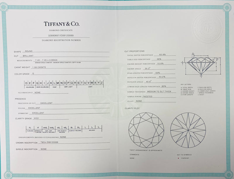 Tiffany & Co 1.58 Carat Round Brilliant G VVS1 Diamond White Platinum Engagement Ring