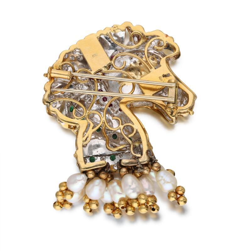 18K Gold Horse Pin Brooch with 1.95ct Diamonds 0.66ct Ruby 0.3ct Emerald