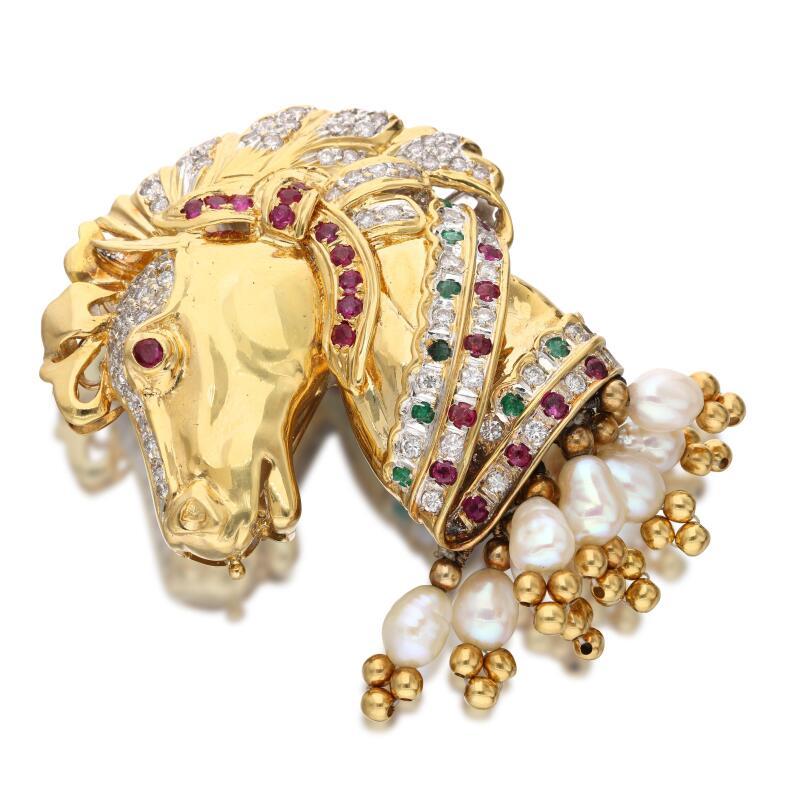 18K Gold Horse Pin Brooch with 1.95ct Diamonds 0.66ct Ruby 0.3ct Emerald
