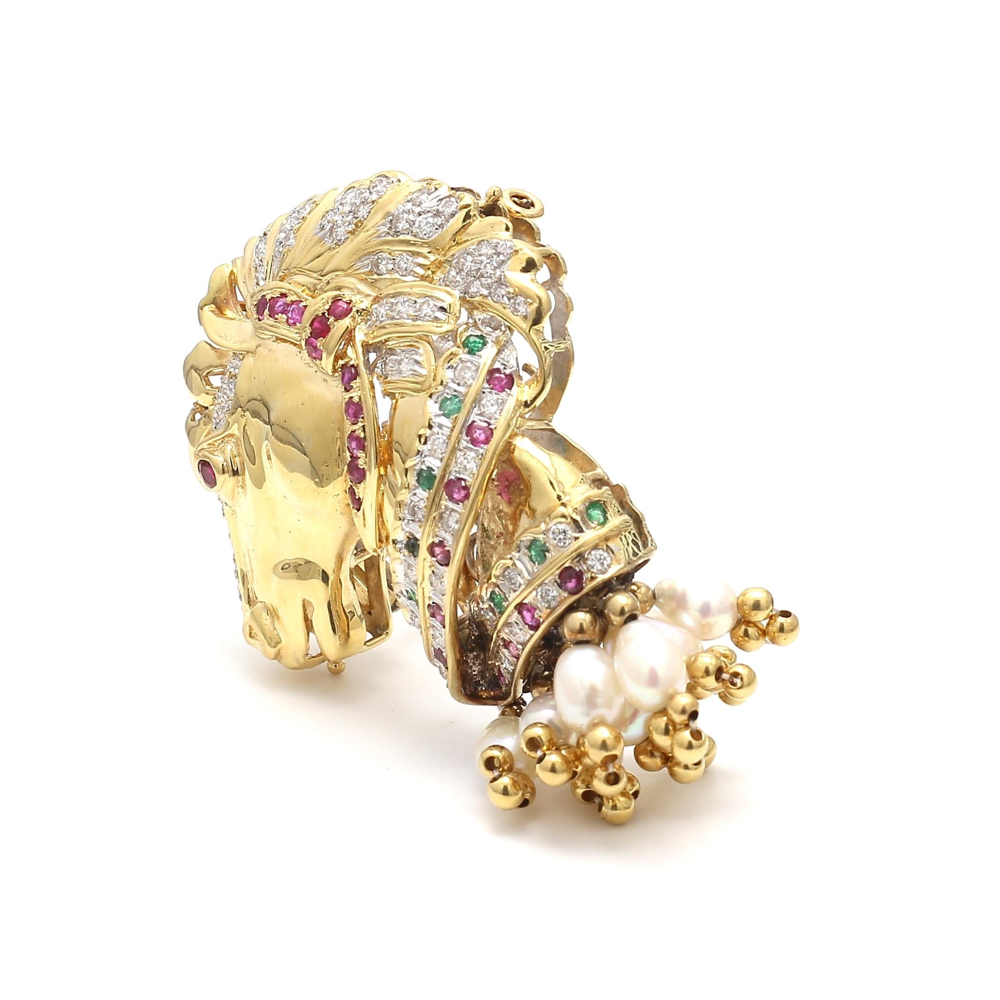 18K Gold Horse Pin Brooch with 1.95ct Diamonds 0.66ct Ruby 0.3ct Emerald