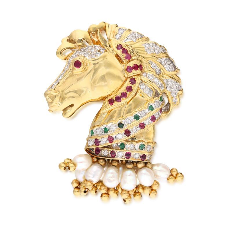18K Gold Horse Pin Brooch with 1.95ct Diamonds 0.66ct Ruby 0.3ct Emerald