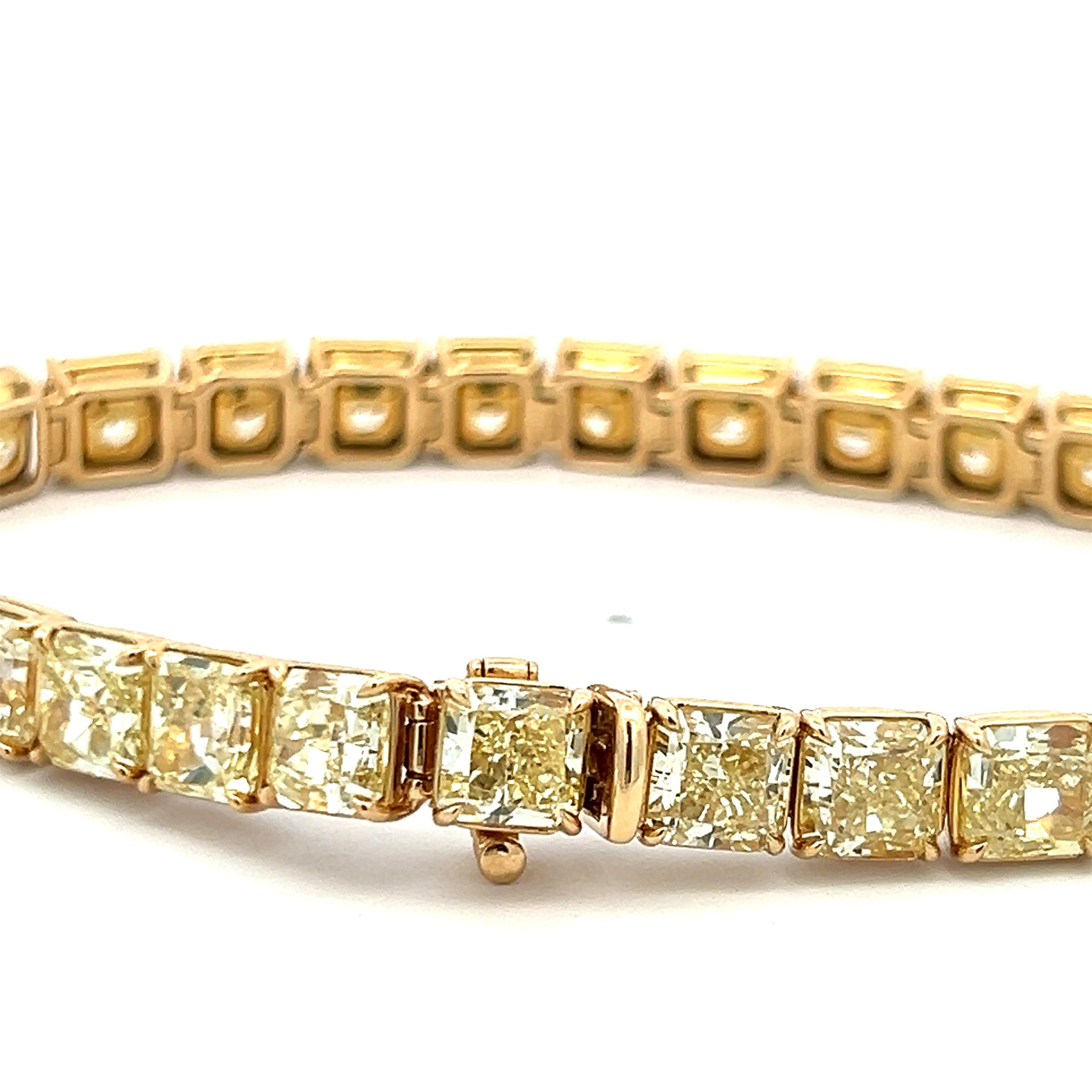 18K YG Tennis Bracelet with 33.09 Carat Radiant Cut Diamonds FCLY-VVS2 GIA