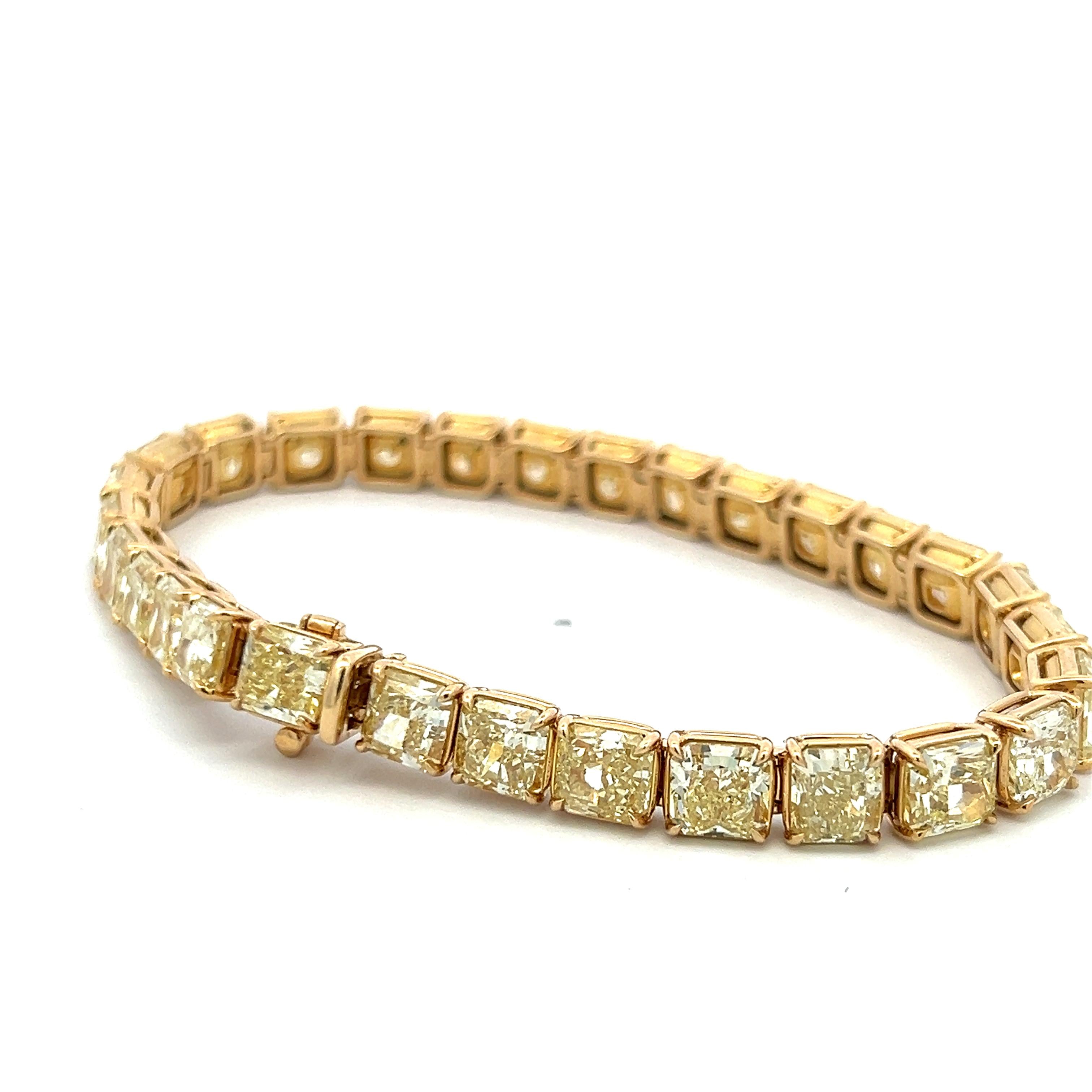 18K YG Tennis Bracelet with 33.09 Carat Radiant Cut Diamonds FCLY-VVS2 GIA