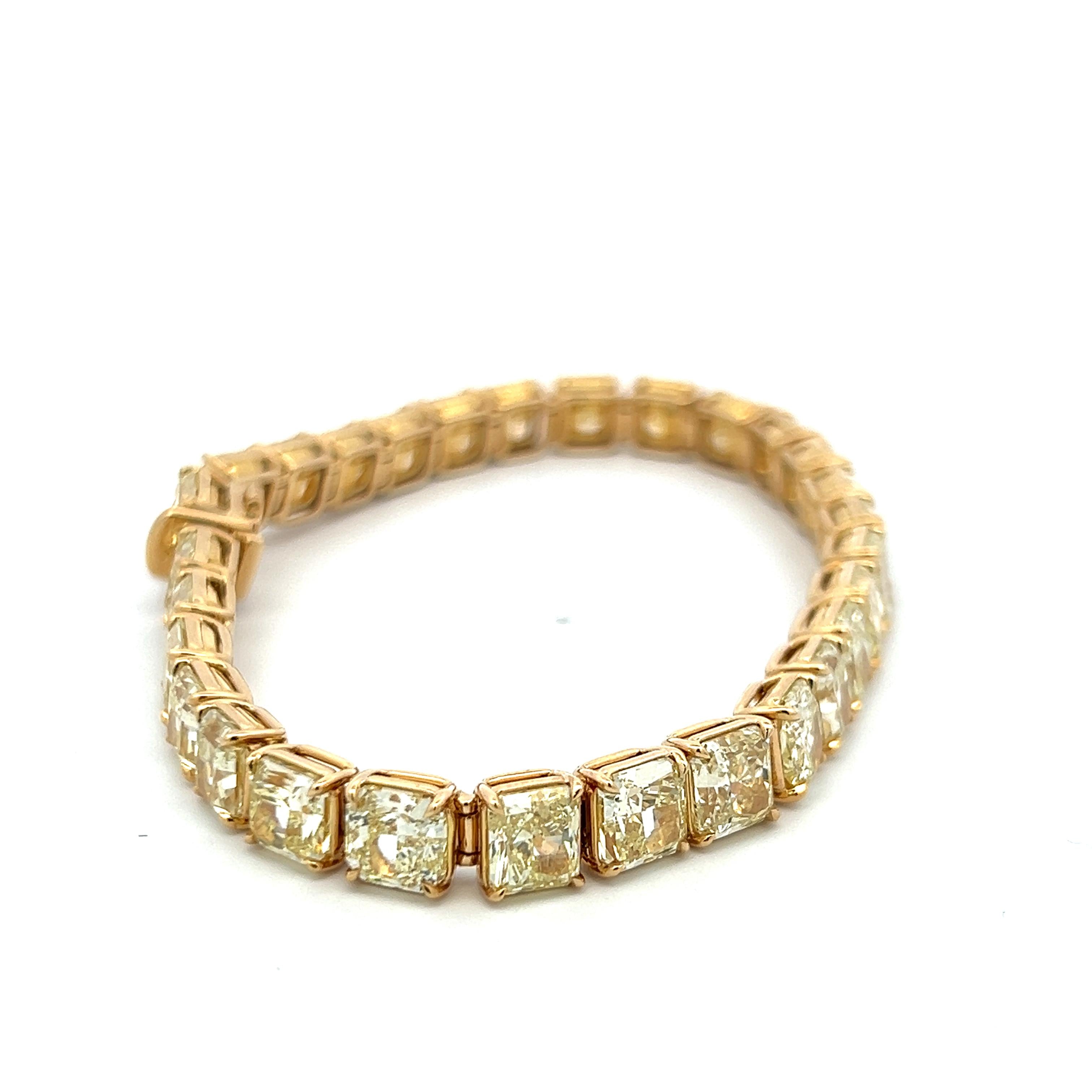 18K YG Tennis Bracelet with 33.09 Carat Radiant Cut Diamonds FCLY-VVS2 GIA
