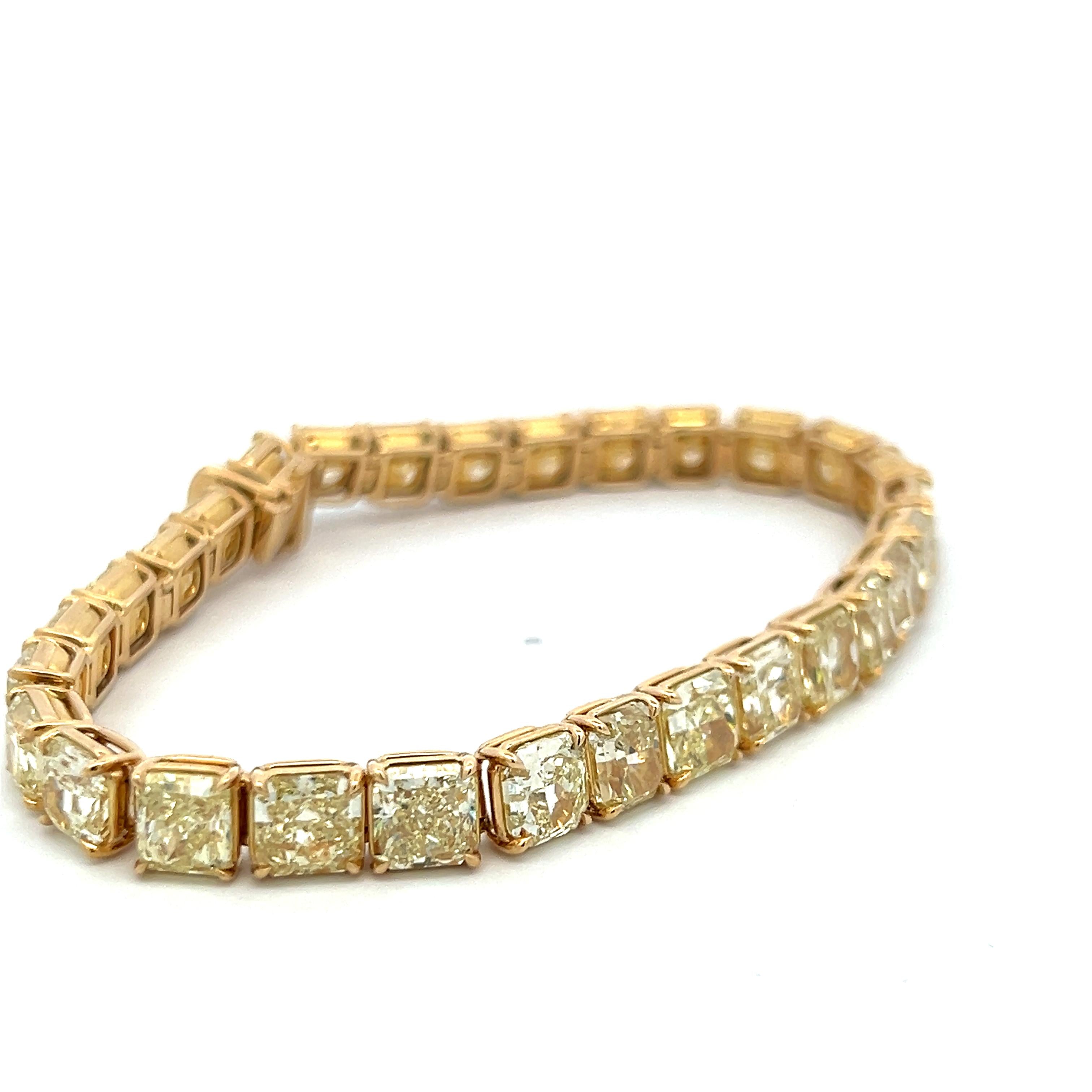 18K YG Tennis Bracelet with 33.09 Carat Radiant Cut Diamonds FCLY-VVS2 GIA