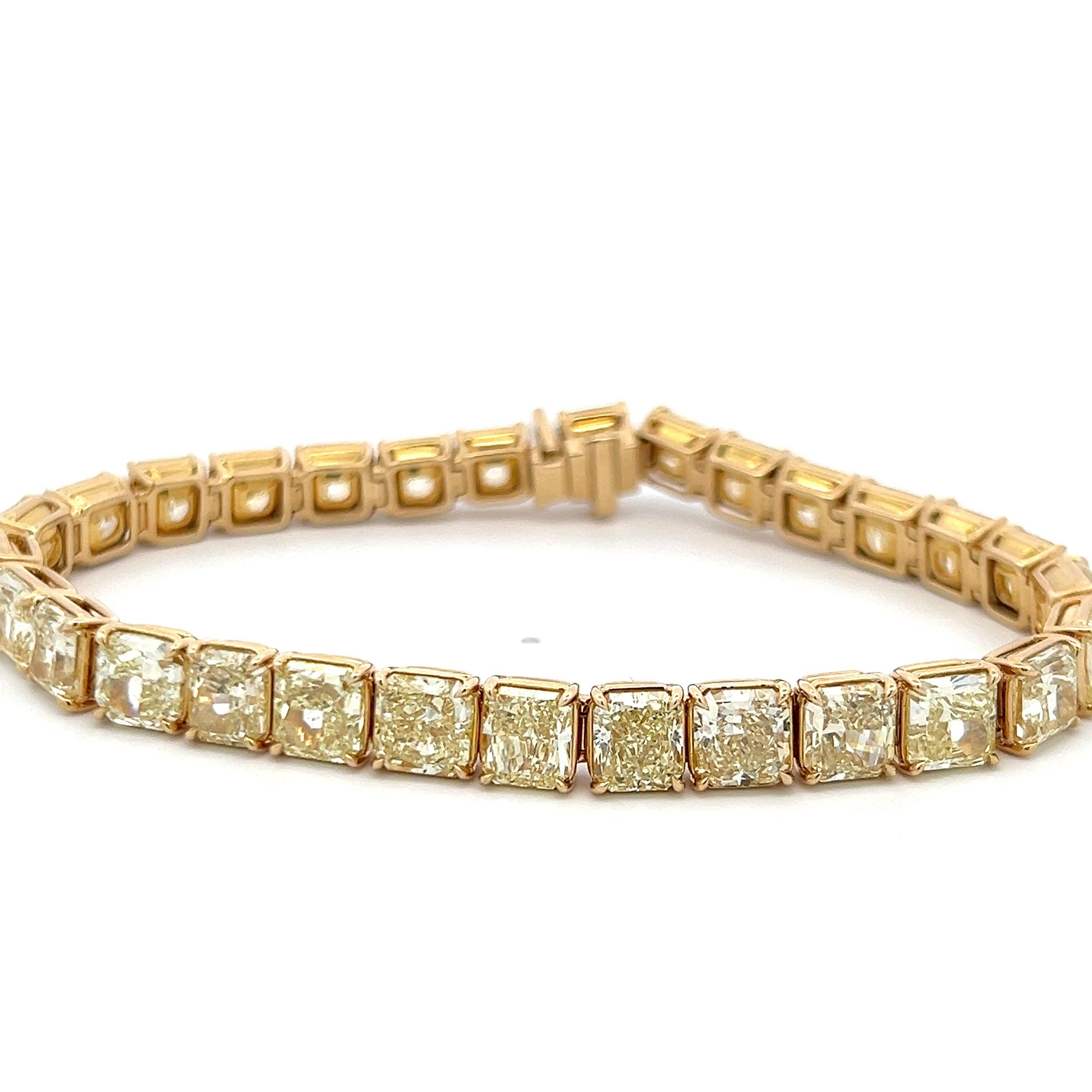 18K YG Tennis Bracelet with 33.09 Carat Radiant Cut Diamonds FCLY-VVS2 GIA
