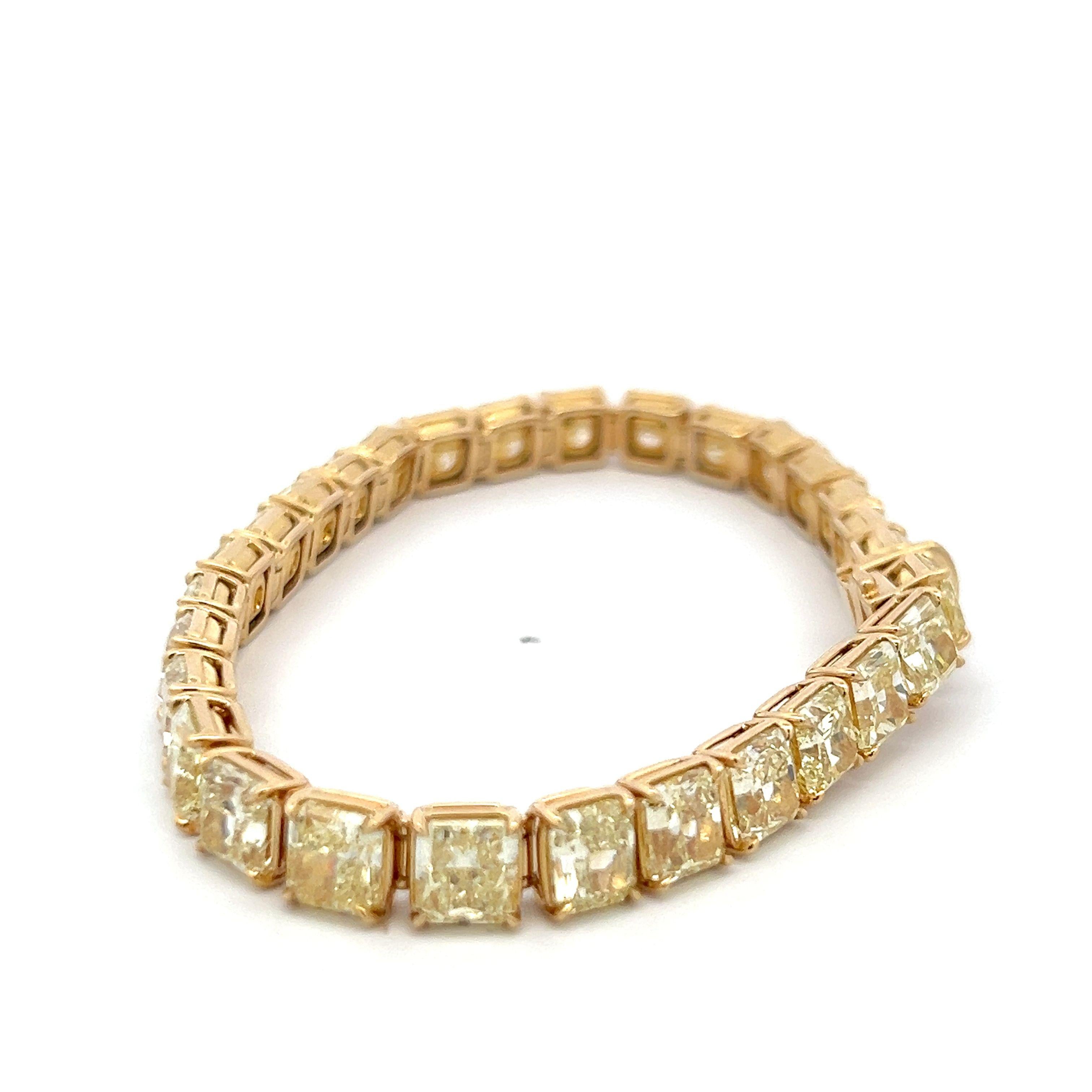 18K YG Tennis Bracelet with 33.09 Carat Radiant Cut Diamonds FCLY-VVS2 GIA