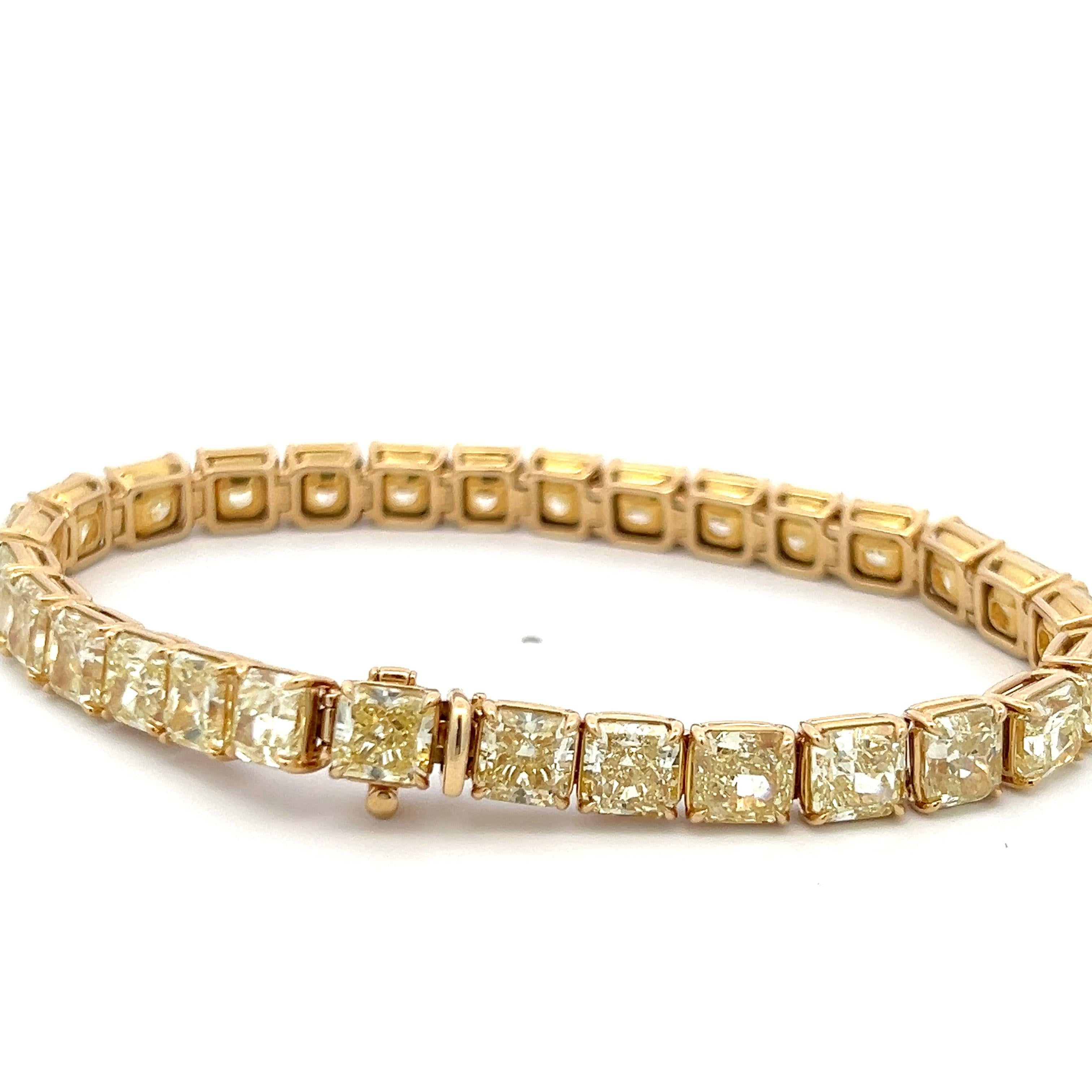 18K YG Tennis Bracelet with 33.09 Carat Radiant Cut Diamonds FCLY-VVS2 GIA