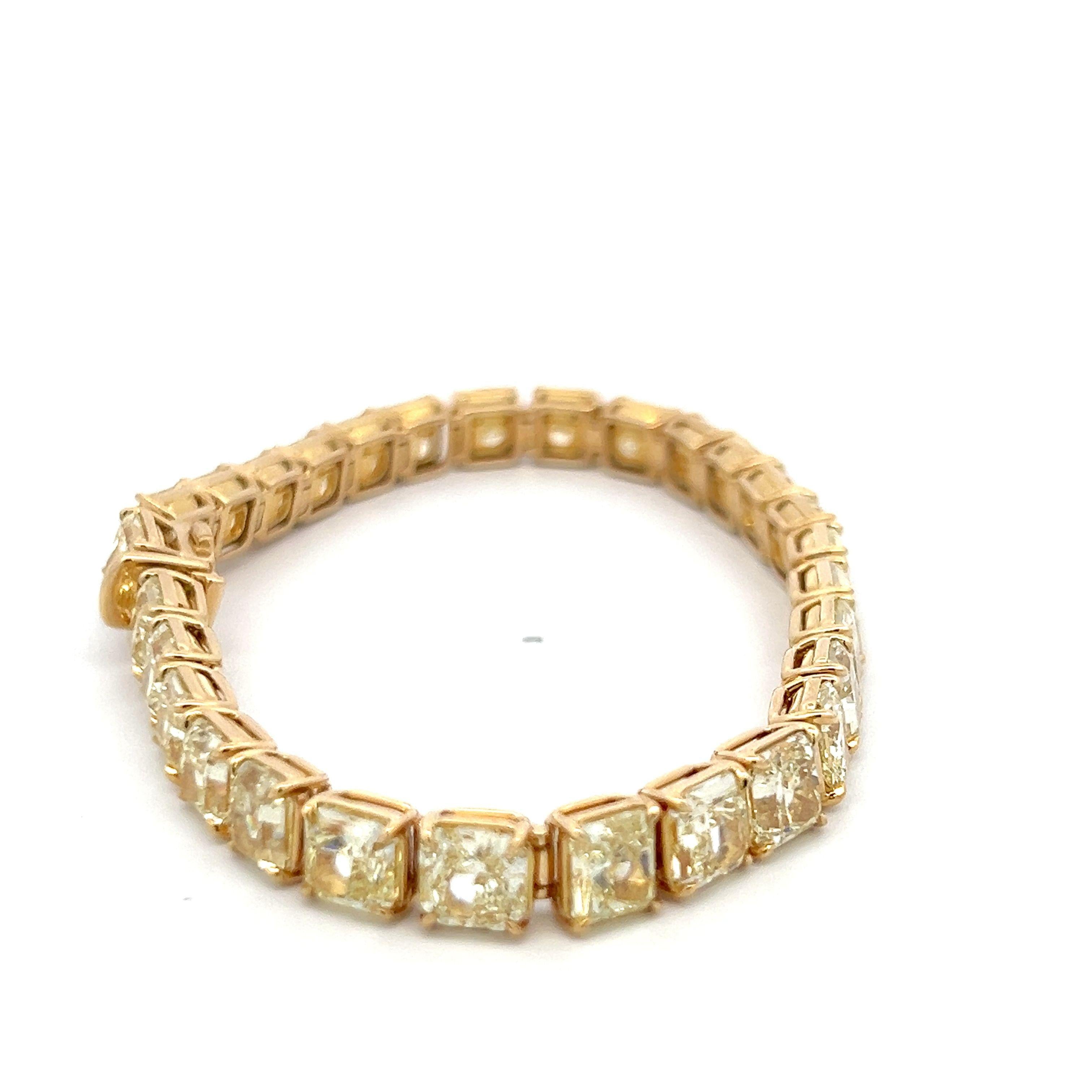 18K YG Tennis Bracelet with 33.09 Carat Radiant Cut Diamonds FCLY-VVS2 GIA