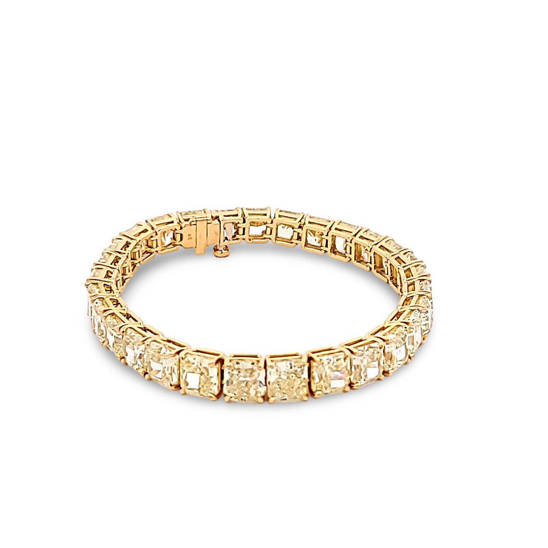 18K YG Tennis Bracelet with 33.09 Carat Radiant Cut Diamonds FCLY-VVS2 GIA