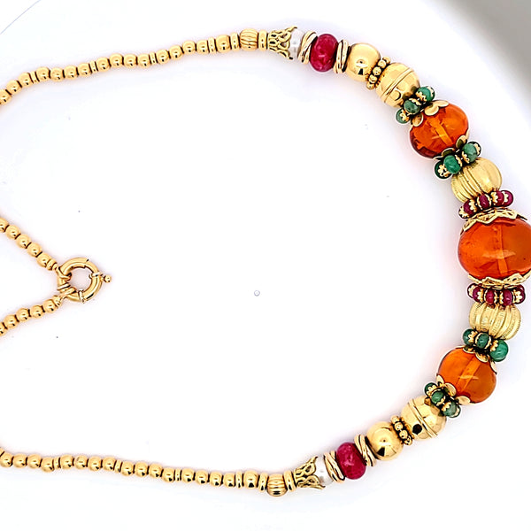 Vintage 67.50 Grams Multi Gem 18 Karat Yellow Gold Beed Necklace