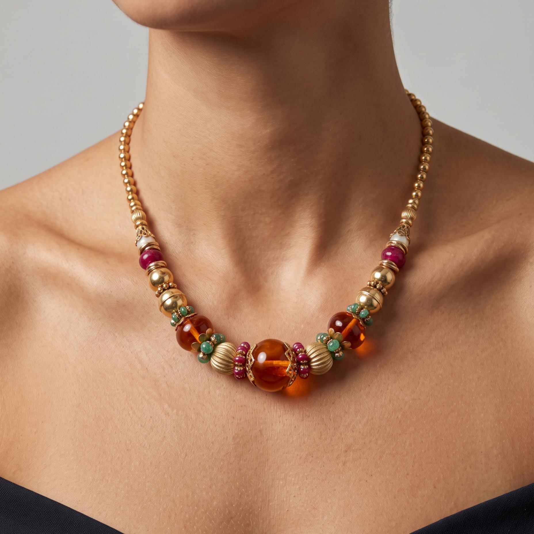 Vintage 22 Karat Yellow Gold Beaded Necklace Amber and other Gems 18 Inch