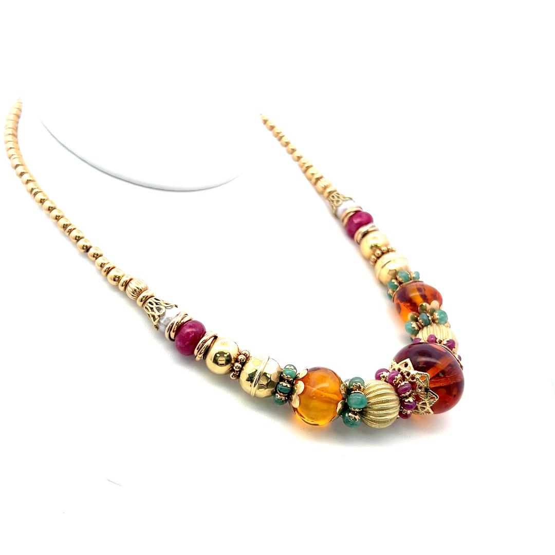 Vintage 22 Karat Yellow Gold Beaded Necklace Amber and other Gems 18 Inch