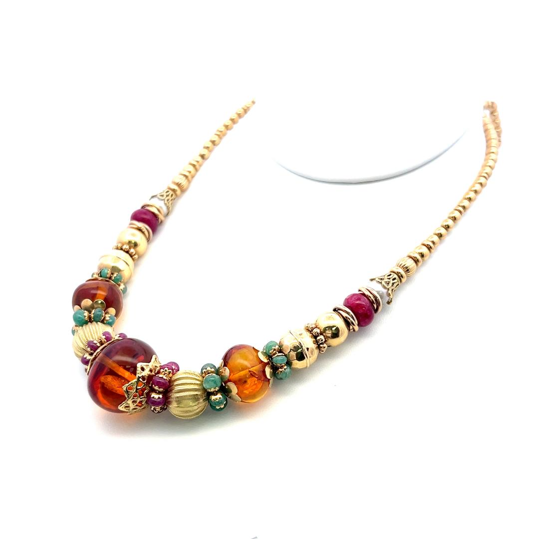Vintage 22 Karat Yellow Gold Beaded Necklace Amber and other Gems 18 Inch