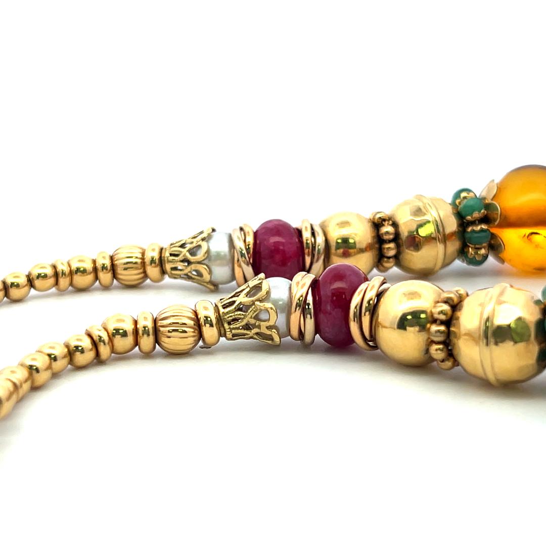 Vintage 22 Karat Yellow Gold Beaded Necklace Amber and other Gems 18 Inch