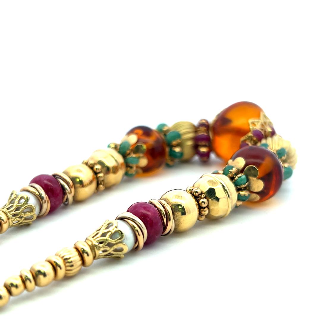 Vintage 22 Karat Yellow Gold Beaded Necklace Amber and other Gems 18 Inch