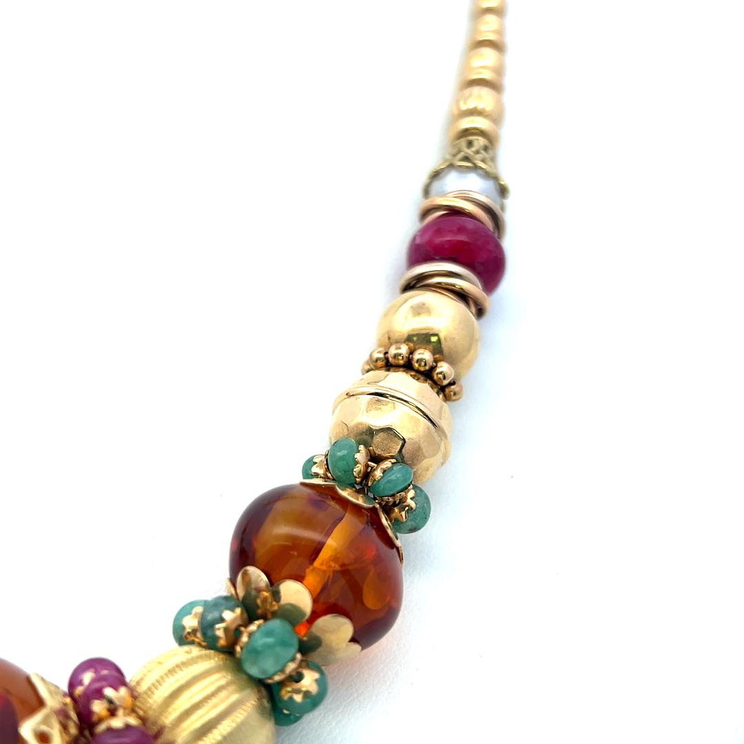 Vintage 22 Karat Yellow Gold Beaded Necklace Amber and other Gems 18 Inch