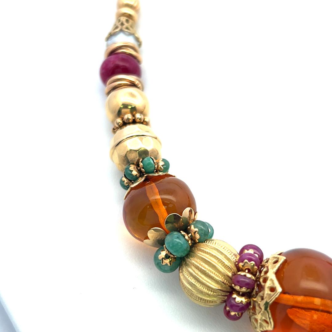 Vintage 22 Karat Yellow Gold Beaded Necklace Amber and other Gems 18 Inch
