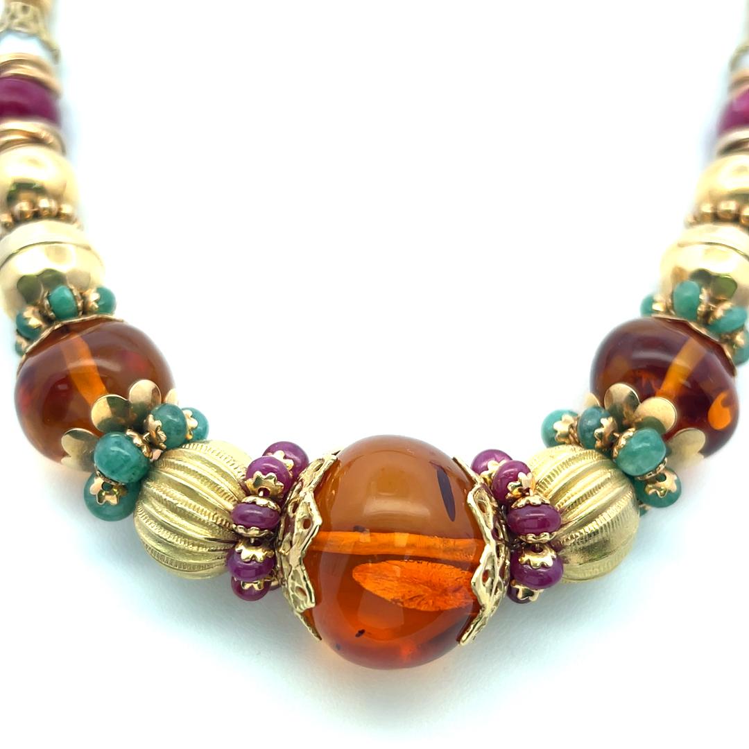 Vintage 22 Karat Yellow Gold Beaded Necklace Amber and other Gems 18 Inch