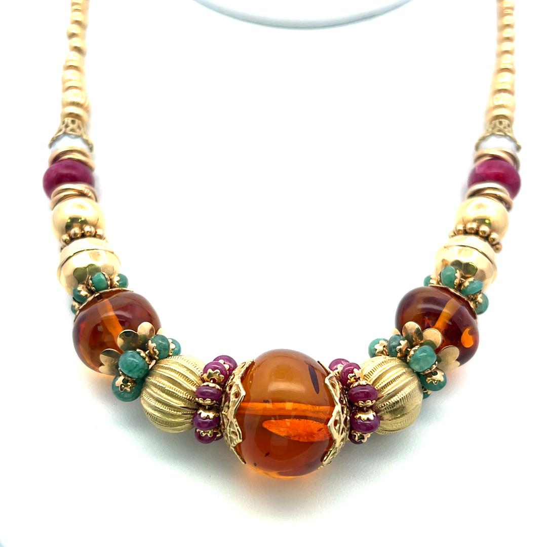 Vintage 22 Karat Yellow Gold Beaded Necklace Amber and other Gems 18 Inch