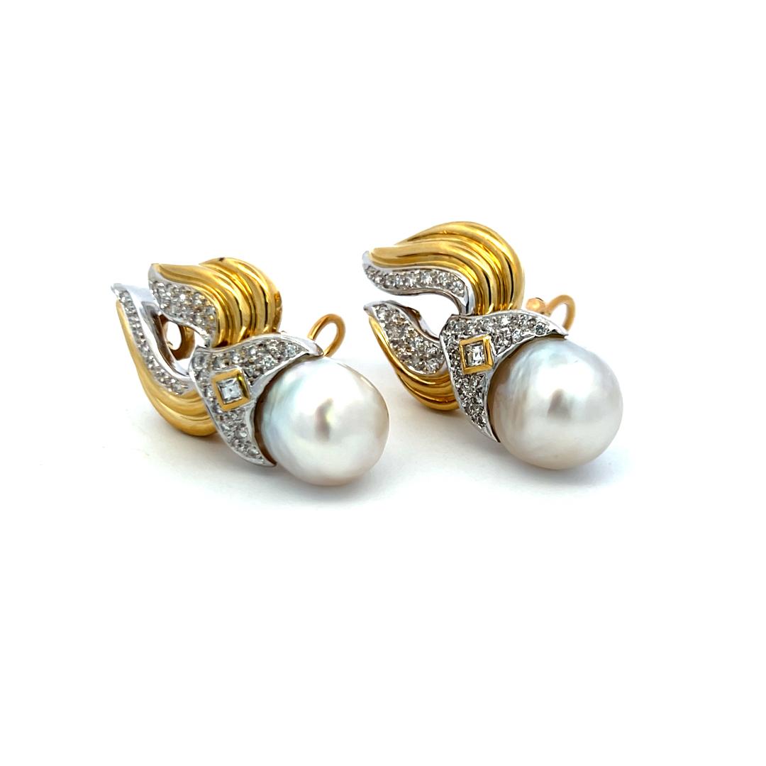 11.7–13.5mm Pearl 1.04ct H SI-VS Diamond 18K Yellow Gold Clip-On Earrings