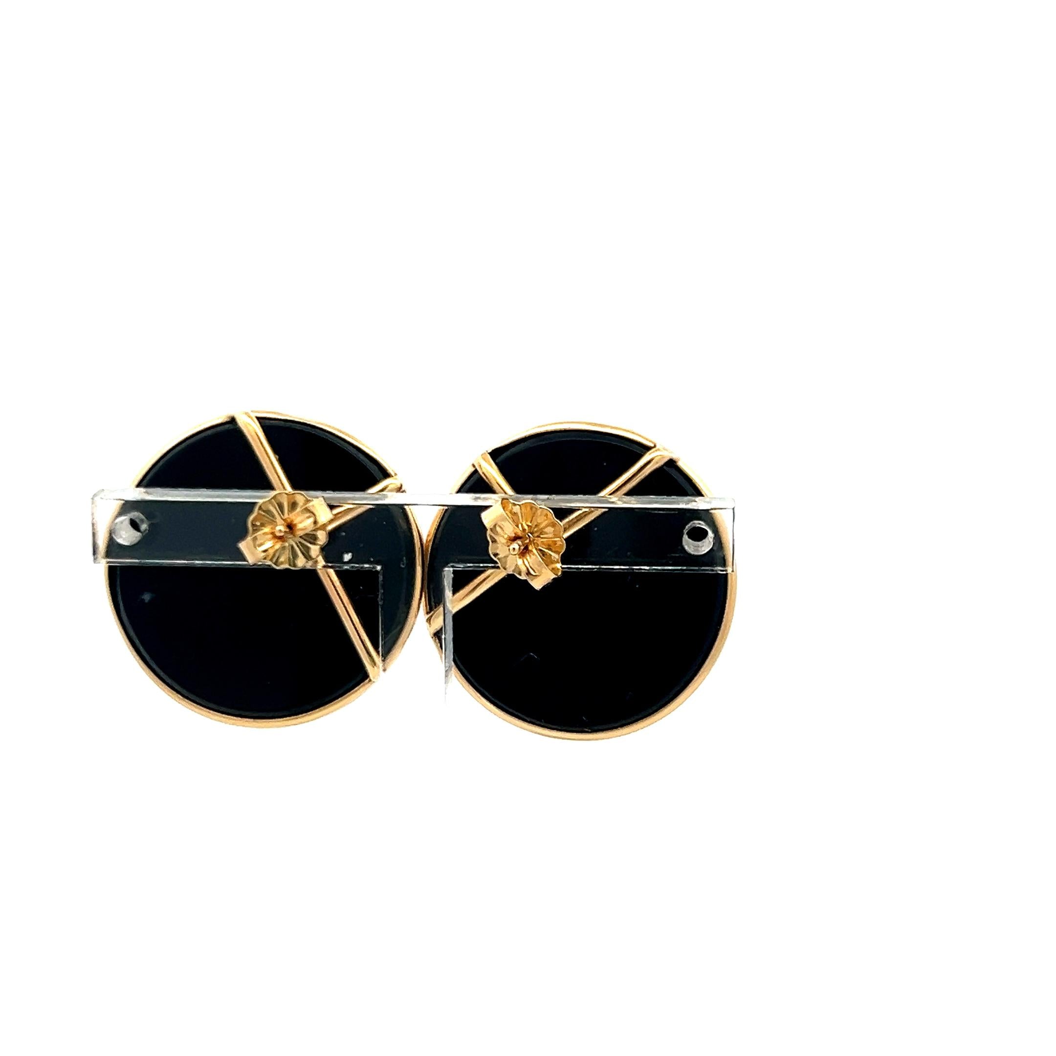 14K Yellow Gold Round Onyx Stud Earrings – Vintage Modernist Design