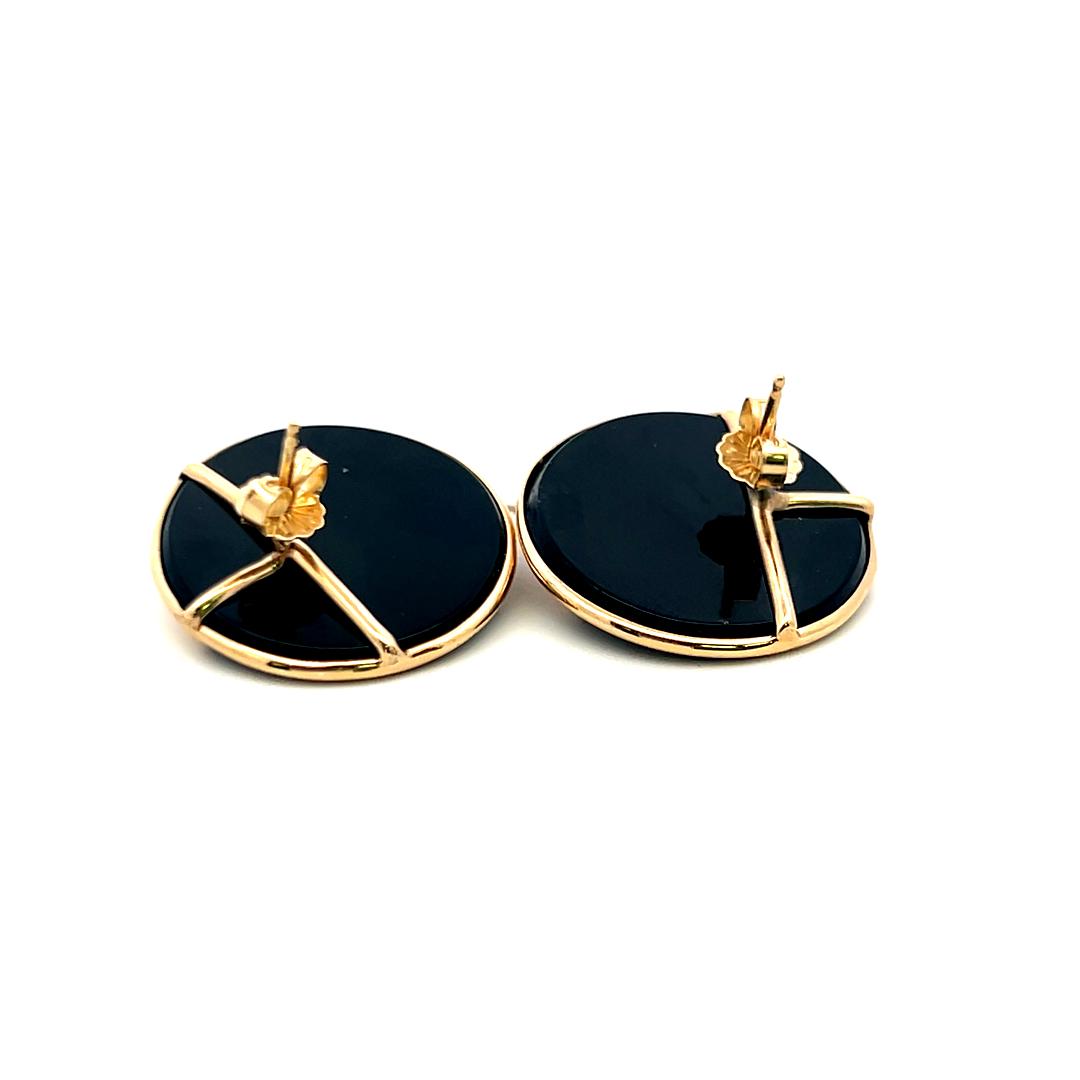 14K Yellow Gold Round Onyx Stud Earrings – Vintage Modernist Design