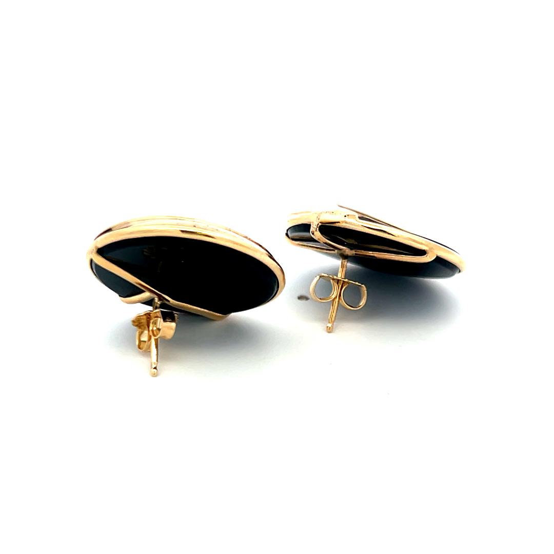 14K Yellow Gold Round Onyx Stud Earrings – Vintage Modernist Design