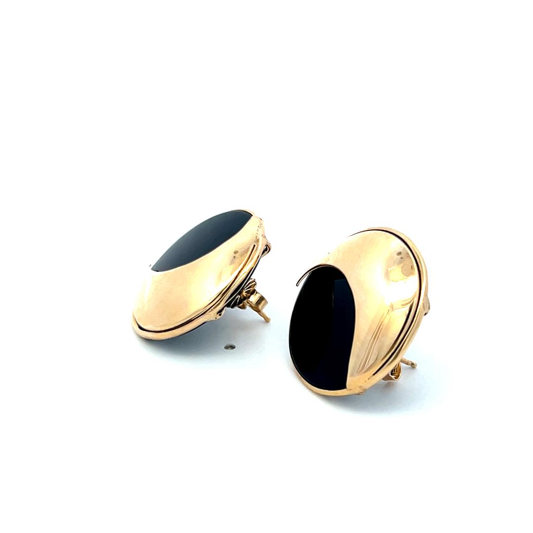 14K Yellow Gold Round Onyx Stud Earrings – Vintage Modernist Design