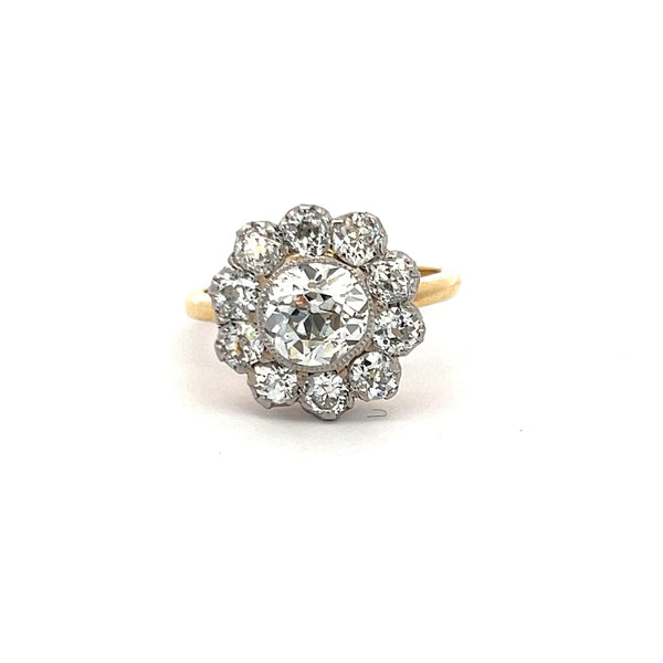 1.57 Carat Old European Cut J SI1 Diamond 18 Karat Yellow Gold Cluster Ring
