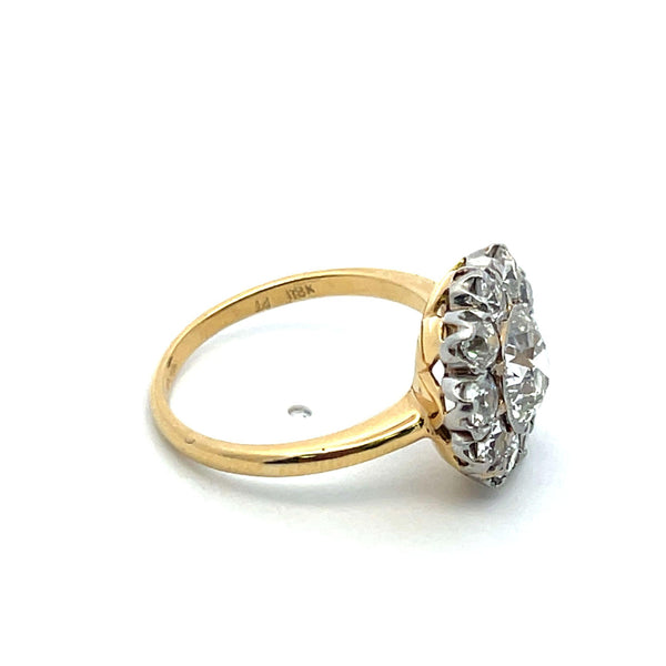 1.57 Carat Old European Cut J SI1 Diamond 18 Karat Yellow Gold Cluster Ring