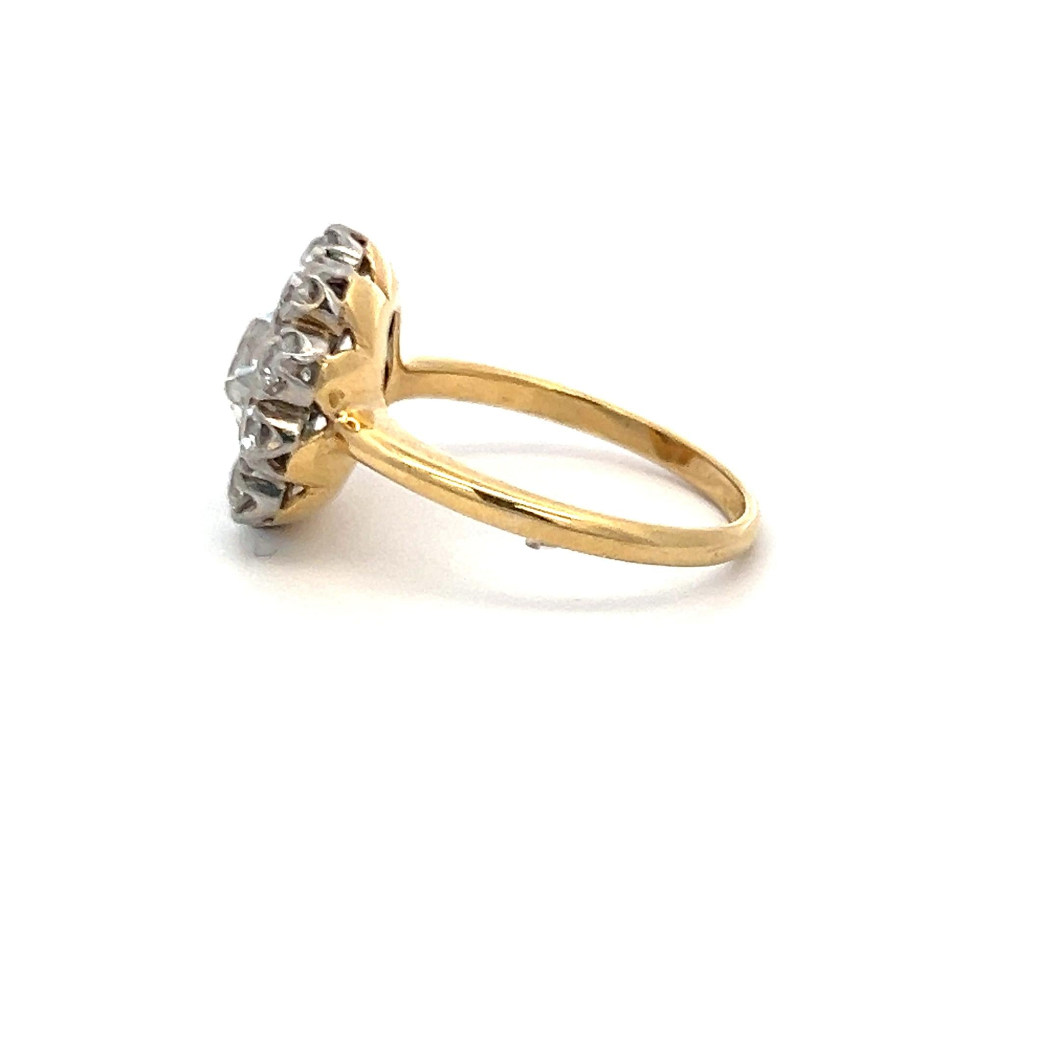 1.57 Carat Old European Cut J SI1 Diamond 18 Karat Yellow Gold Cluster Ring