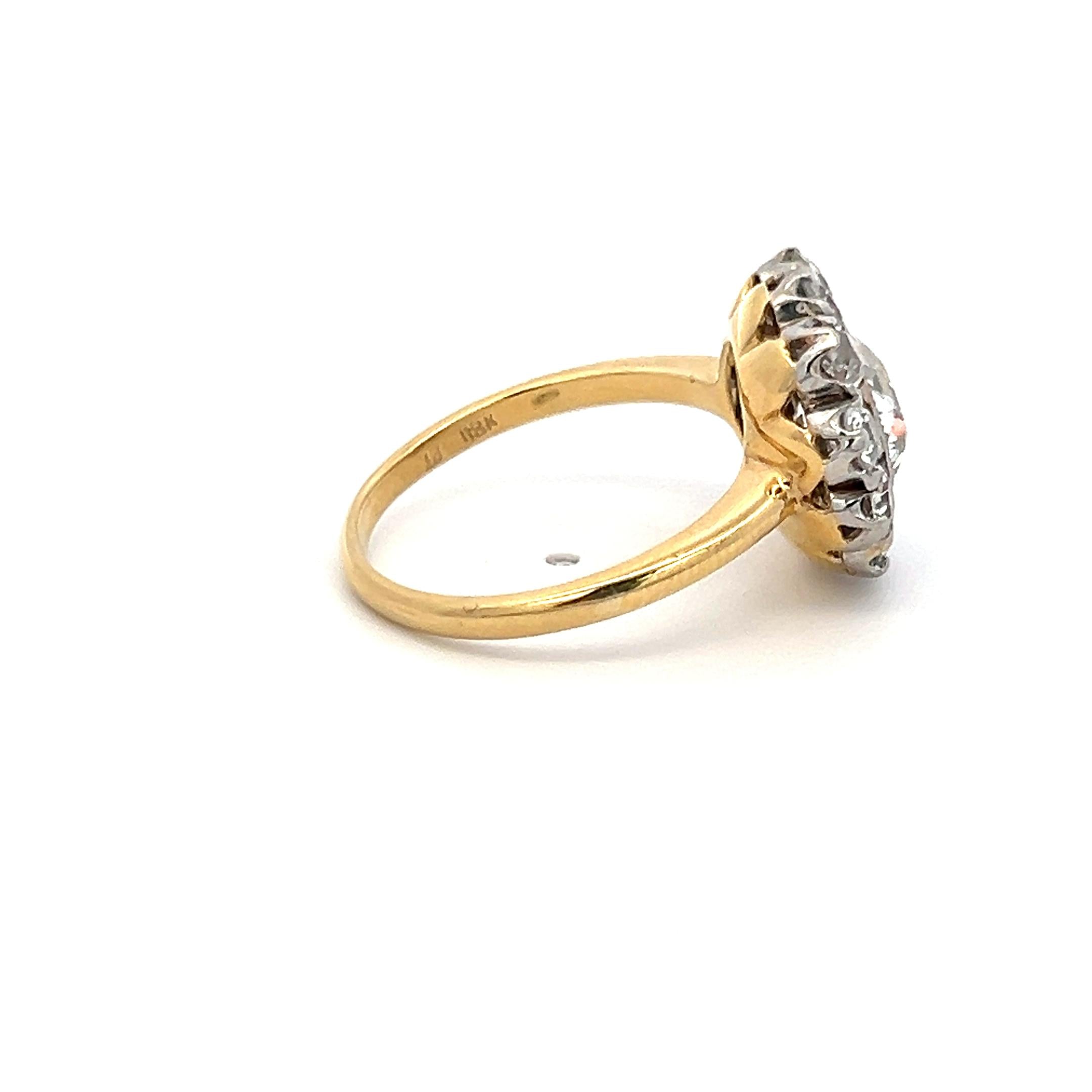 1.57 Carat Old European Cut J SI1 Diamond 18 Karat Yellow Gold Cluster Ring