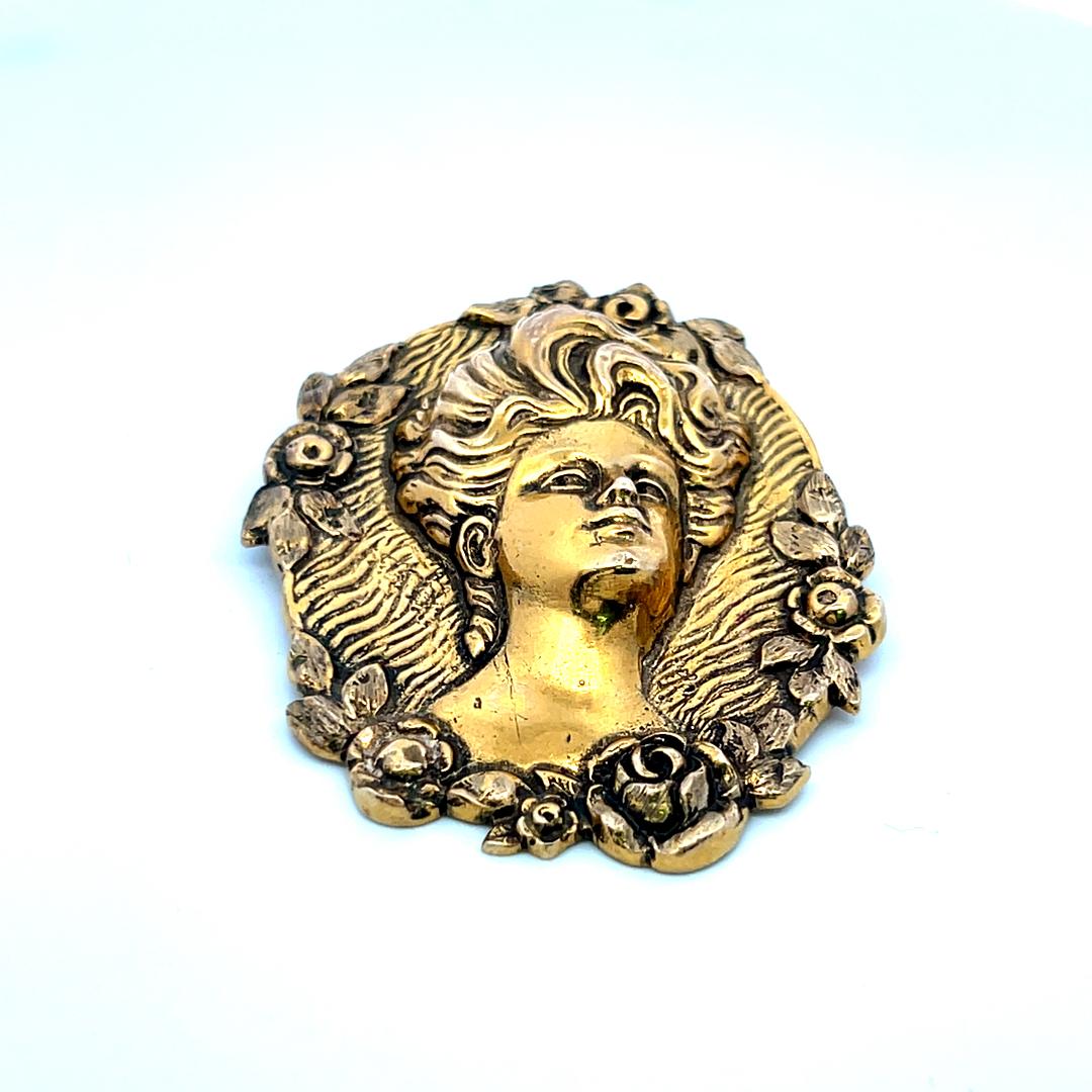 Antique 14K Yellow Gold Portrait Floral motif Pin Brooch 32.9 Grams
