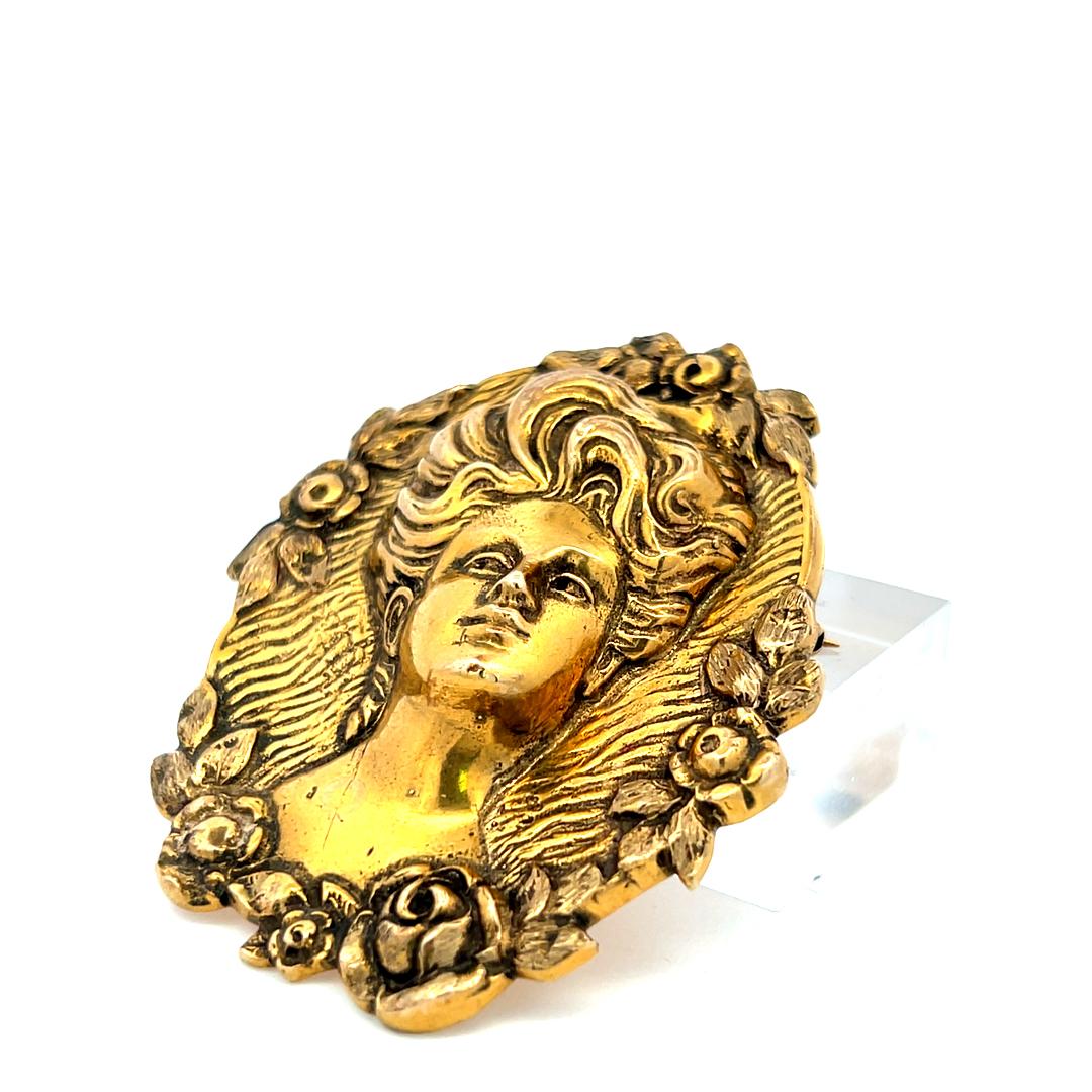 Antique 14K Yellow Gold Portrait Floral motif Pin Brooch 32.9 Grams