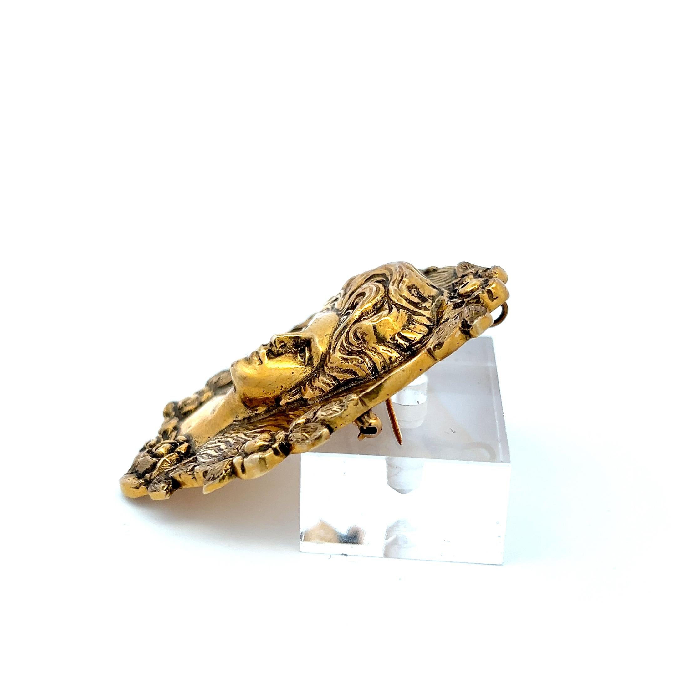 Antique 14K Yellow Gold Portrait Floral motif Pin Brooch 32.9 Grams